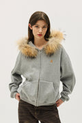 Faux Fur Trim Zip-Up Fleece-Lined Hoodie Sweatshirt