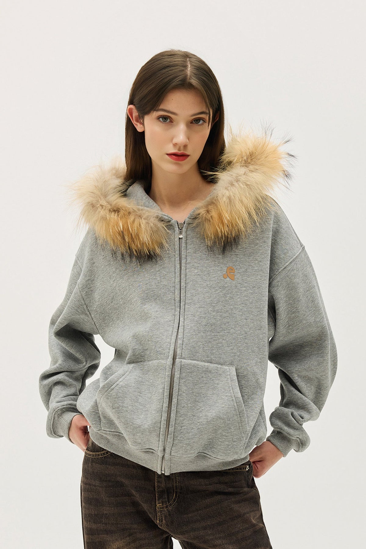 Faux Fur Trim Zip-Up Fleece-Lined Hoodie Sweatshirt