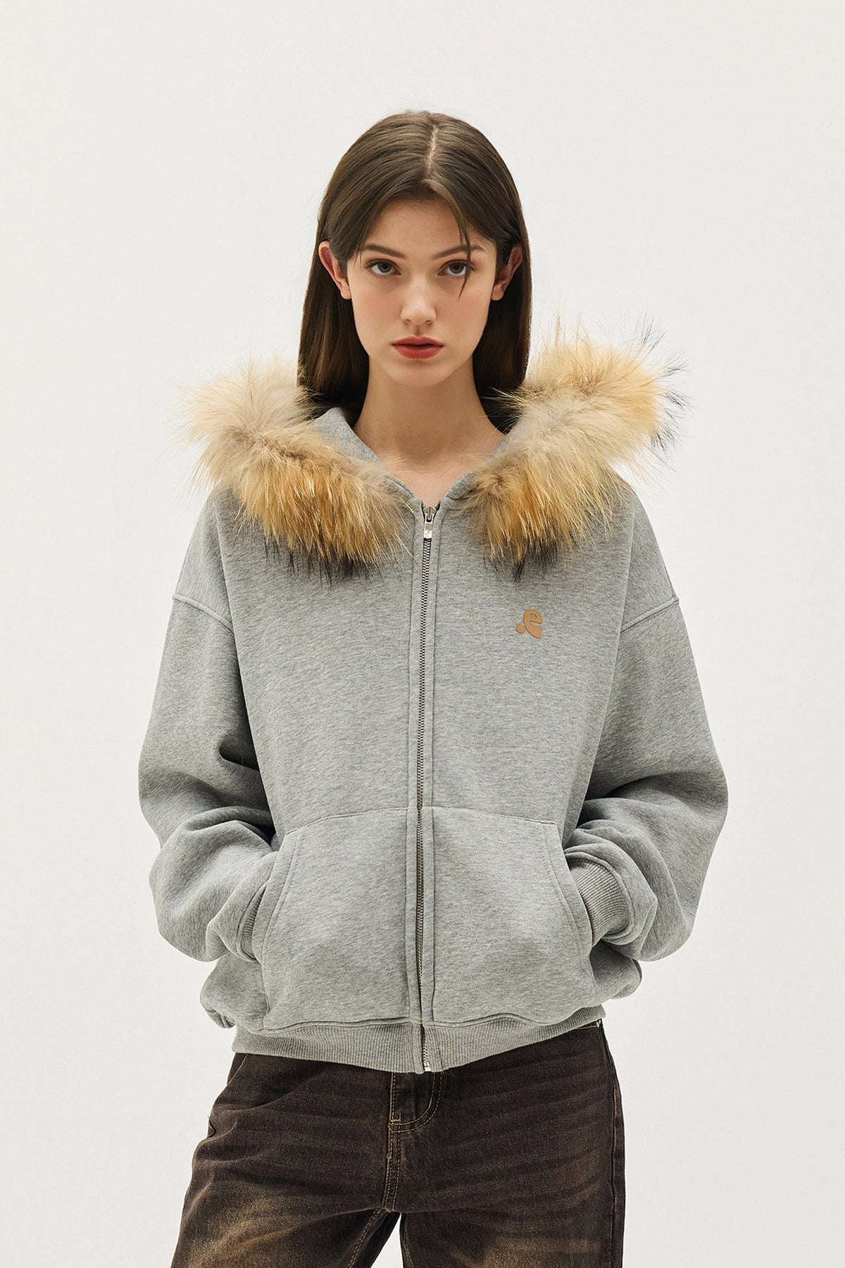 Faux Fur Trim Zip-Up Fleece-Lined Hoodie Sweatshirt