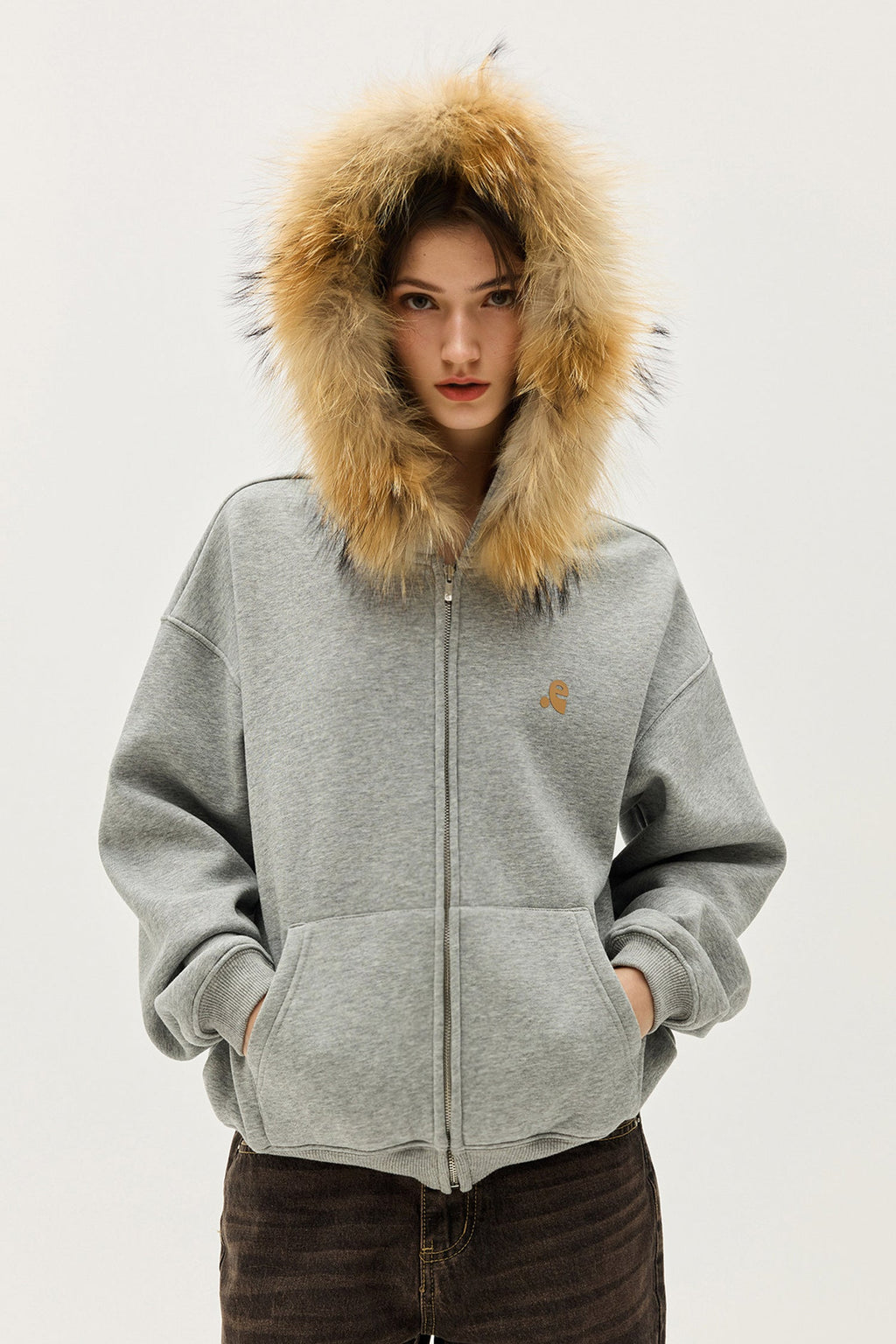 Faux Fur Trim Zip-Up Fleece-Lined Hoodie Sweatshirt