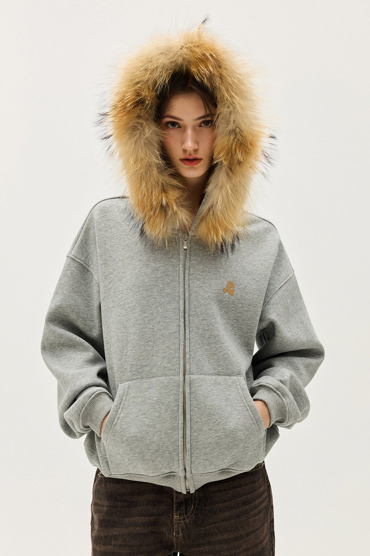 Faux Fur Trim Zip-Up Fleece-Lined Hoodie Sweatshirt