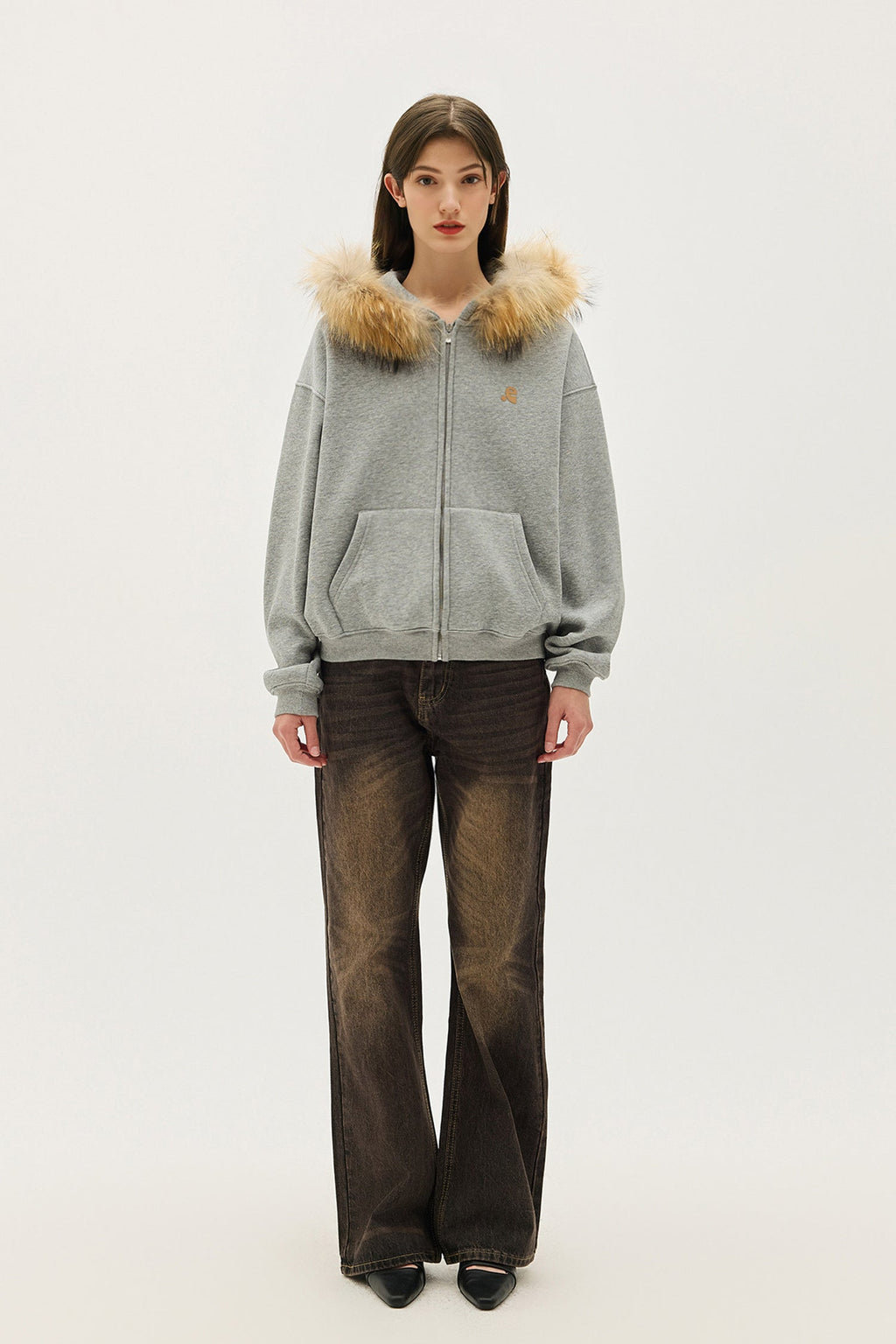 Faux Fur Trim Zip-Up Fleece-Lined Hoodie Sweatshirt