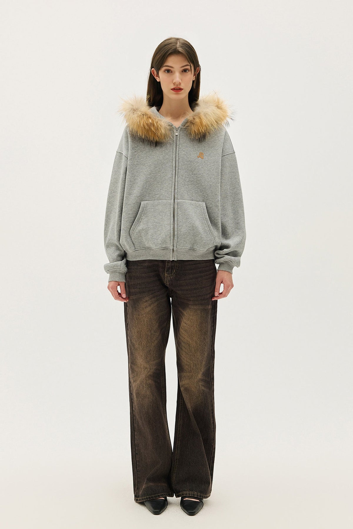 Faux Fur Trim Zip-Up Fleece-Lined Hoodie Sweatshirt
