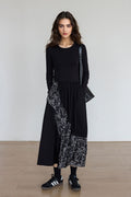 Fit & Flare Long-Sleeve Midi Dress with Flower Patchwork