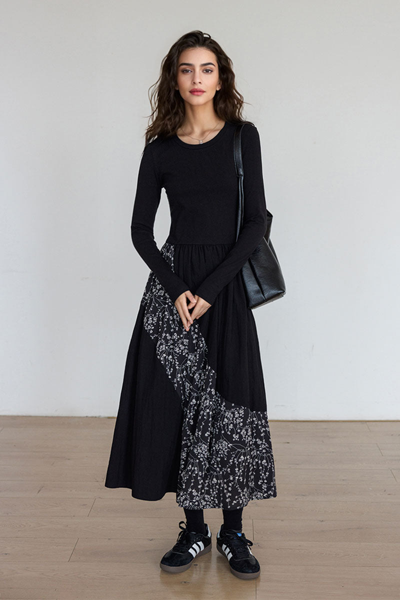 Fit & Flare Long-Sleeve Midi Dress with Flower Patchwork