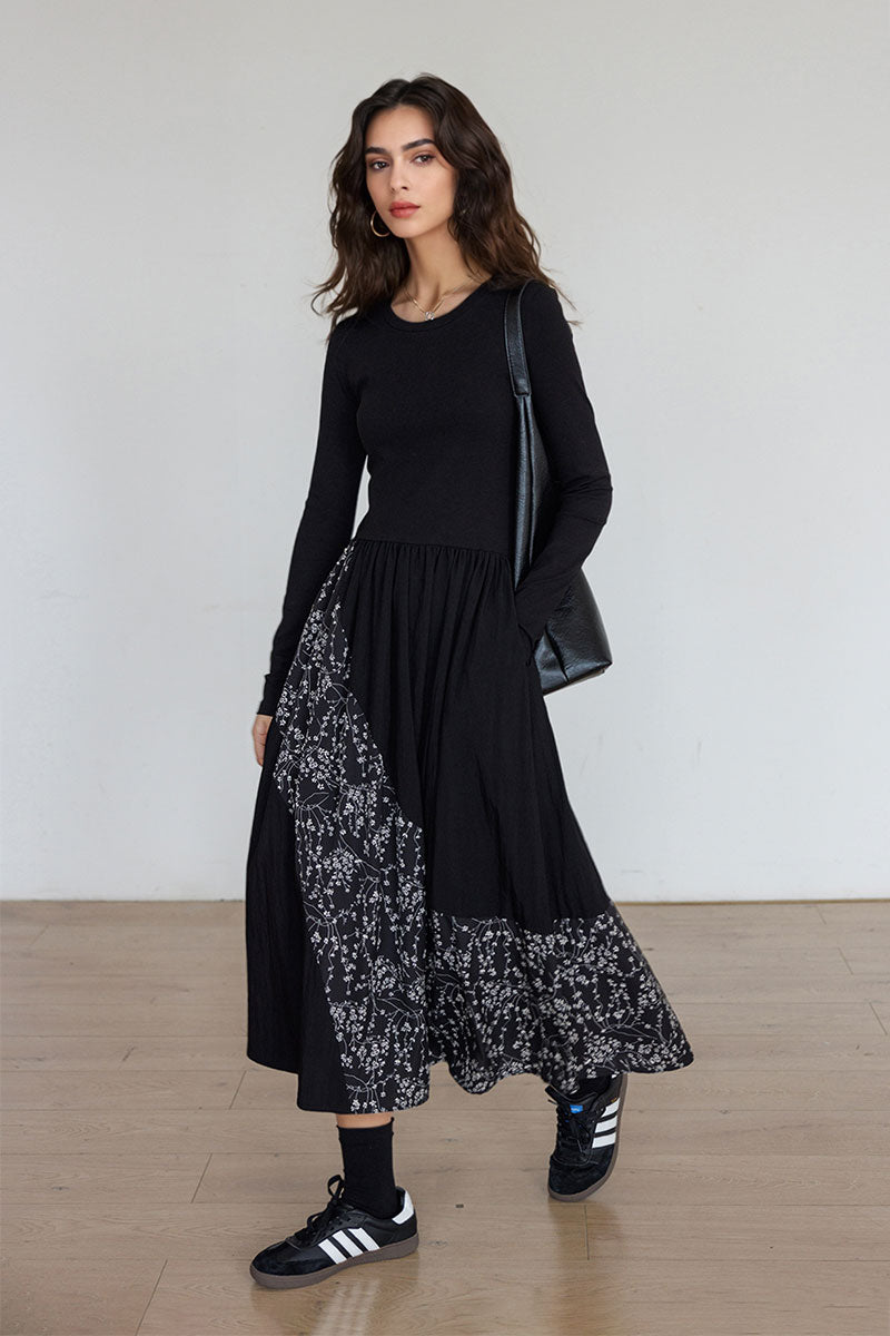 Fit & Flare Long-Sleeve Midi Dress with Flower Patchwork