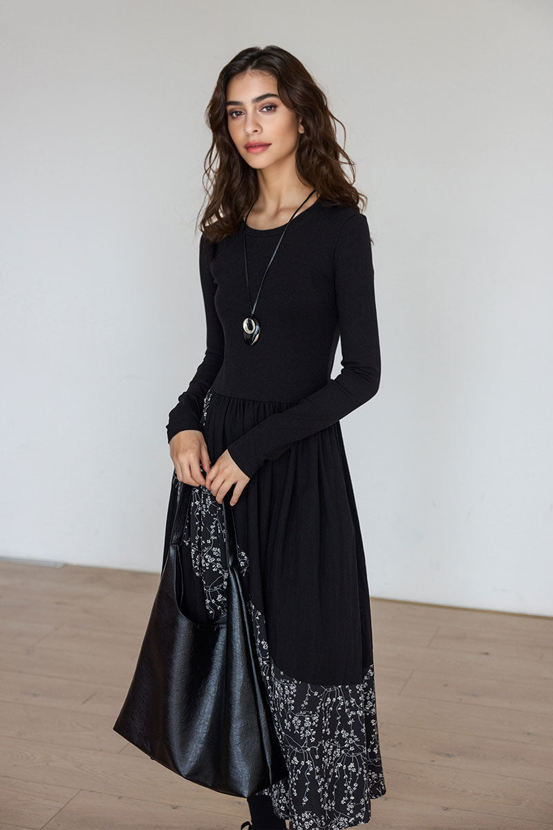 Fit & Flare Long-Sleeve Midi Dress with Flower Patchwork
