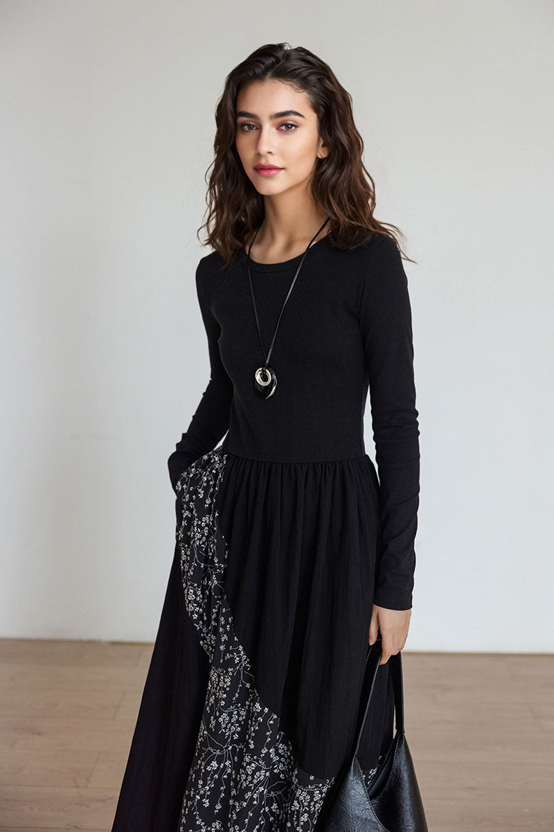 Fit & Flare Long-Sleeve Midi Dress with Flower Patchwork