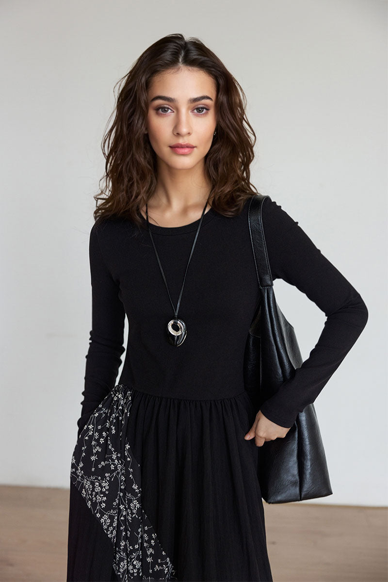Fit & Flare Long-Sleeve Midi Dress with Flower Patchwork