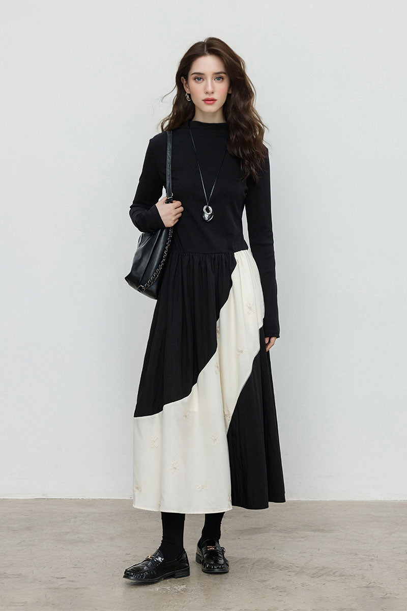 Fit & Flare Long-Sleeve Midi Dress with Lace Patchwork
