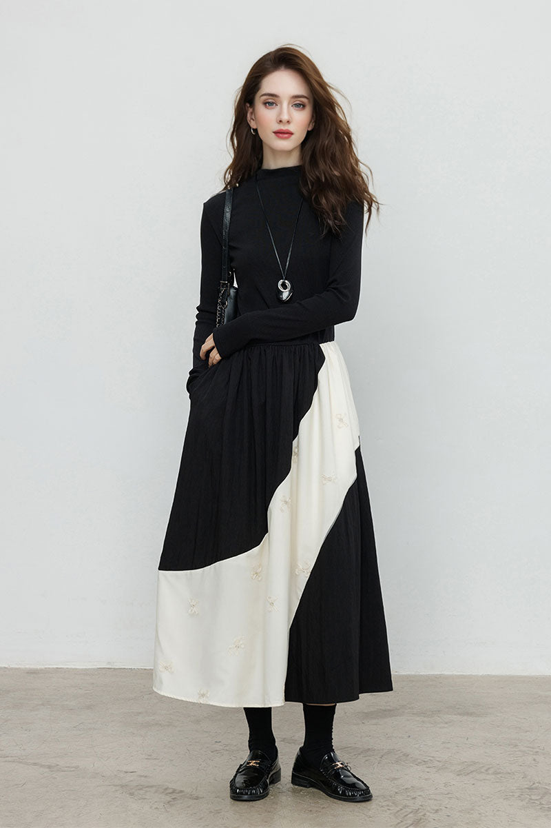 Fit & Flare Long-Sleeve Midi Dress with Lace Patchwork