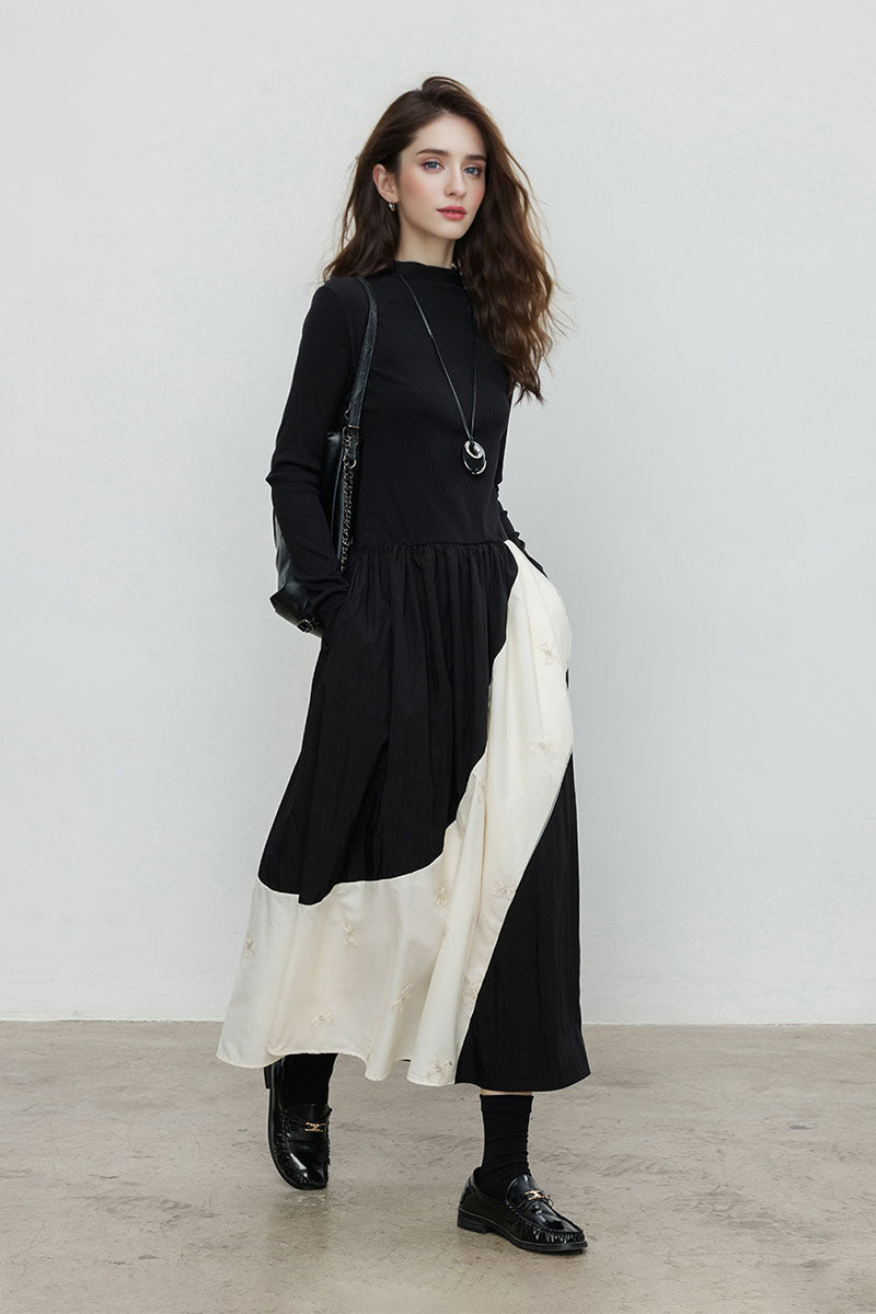 Fit & Flare Long-Sleeve Midi Dress with Lace Patchwork