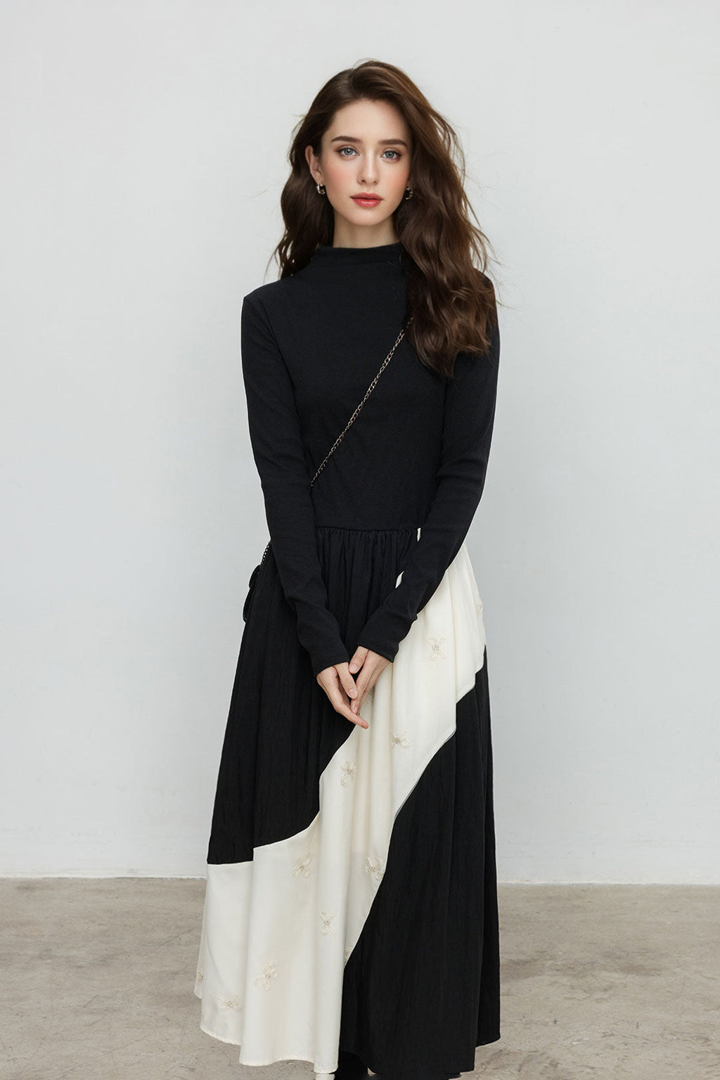 Fit & Flare Long-Sleeve Midi Dress with Lace Patchwork