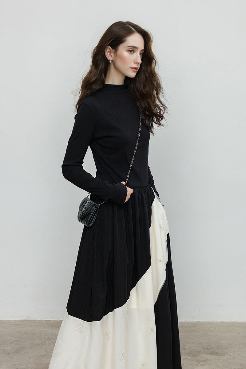 Fit & Flare Long-Sleeve Midi Dress with Lace Patchwork