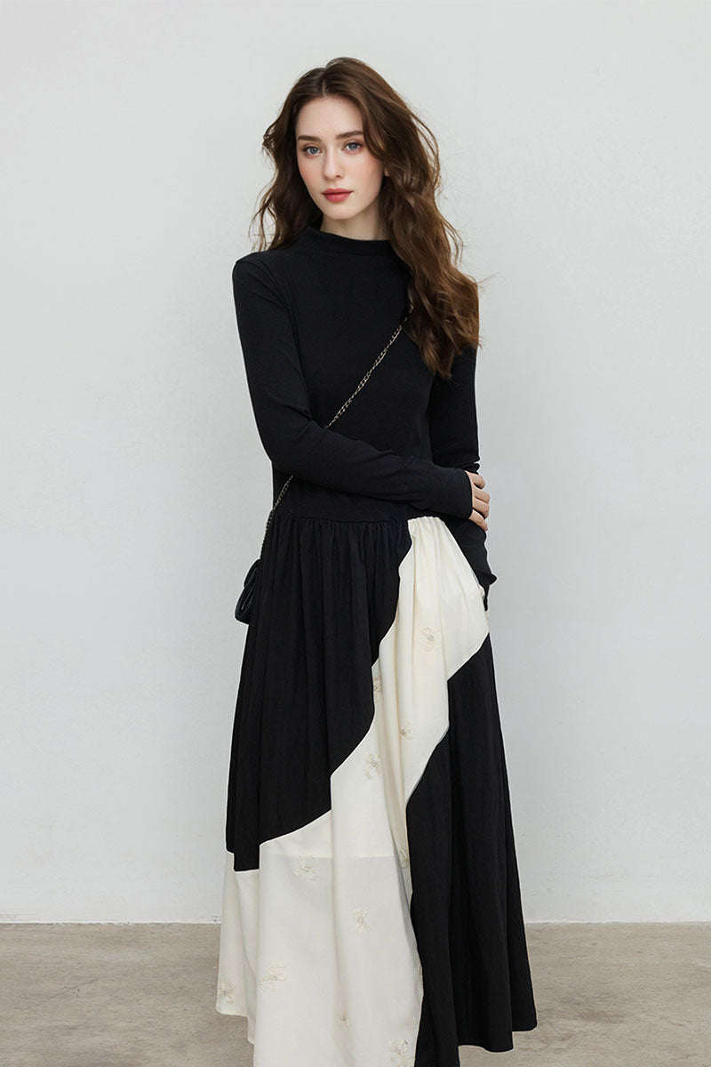Fit & Flare Long-Sleeve Midi Dress with Lace Patchwork