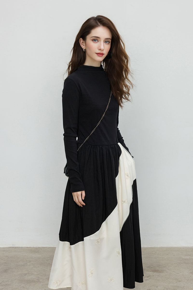Fit & Flare Long-Sleeve Midi Dress with Lace Patchwork