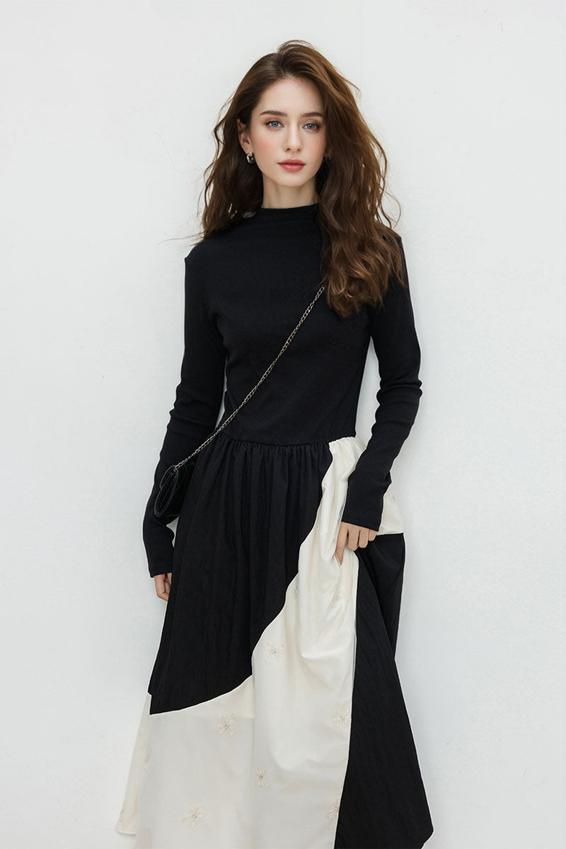 Fit & Flare Long-Sleeve Midi Dress with Lace Patchwork