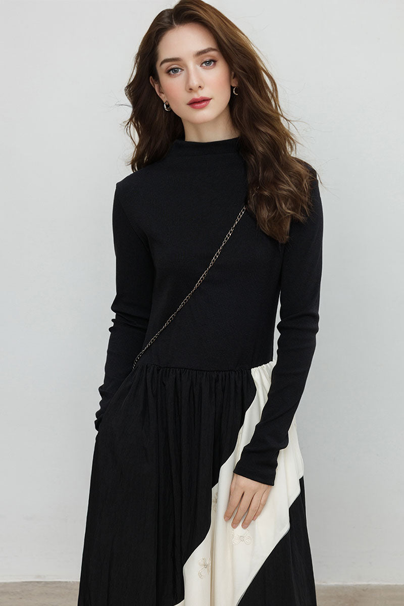 Fit & Flare Long-Sleeve Midi Dress with Lace Patchwork