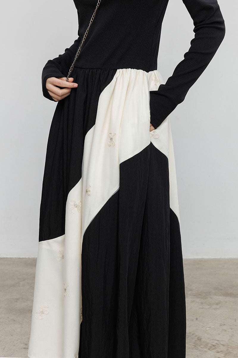 Fit & Flare Long-Sleeve Midi Dress with Lace Patchwork