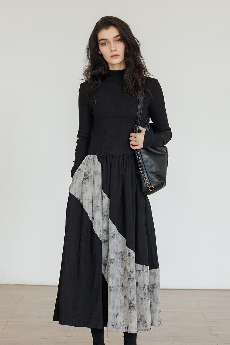 Fit & Flare Long-Sleeve Midi Dress with Lace Patchwork