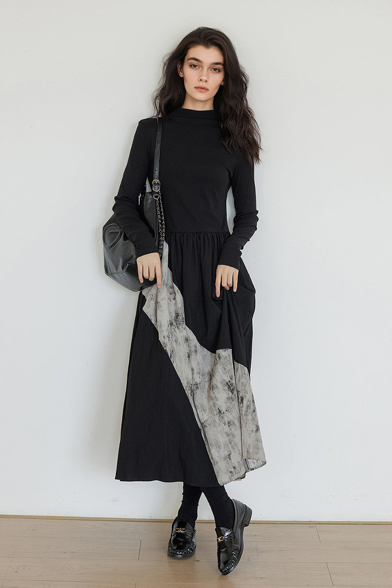 Fit & Flare Long-Sleeve Midi Dress with Lace Patchwork