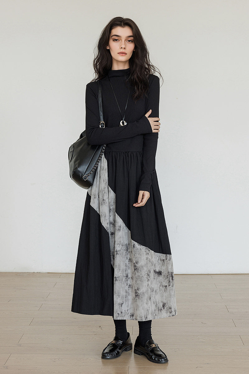 Fit & Flare Long-Sleeve Midi Dress with Lace Patchwork