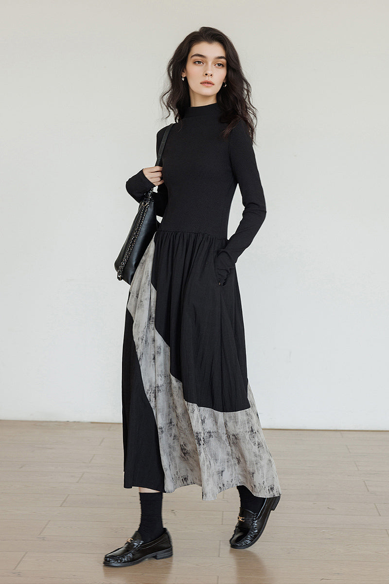 Fit & Flare Long-Sleeve Midi Dress with Lace Patchwork