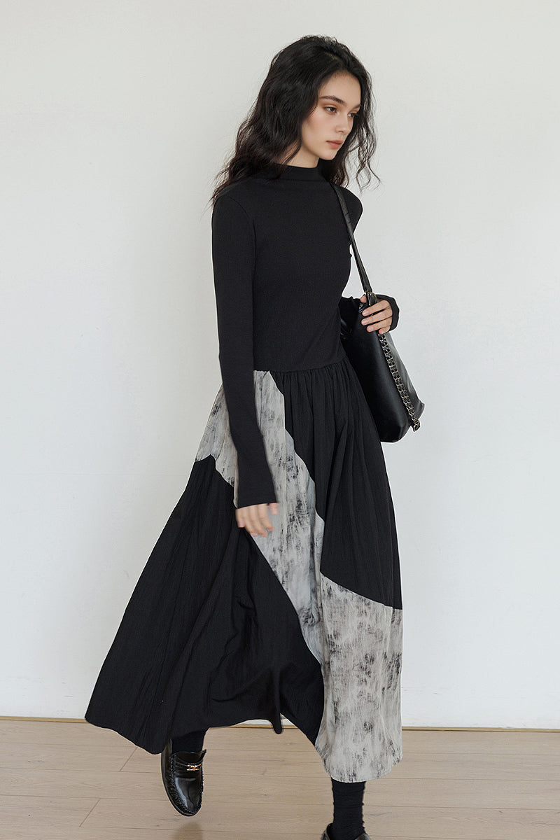 Fit & Flare Long-Sleeve Midi Dress with Lace Patchwork