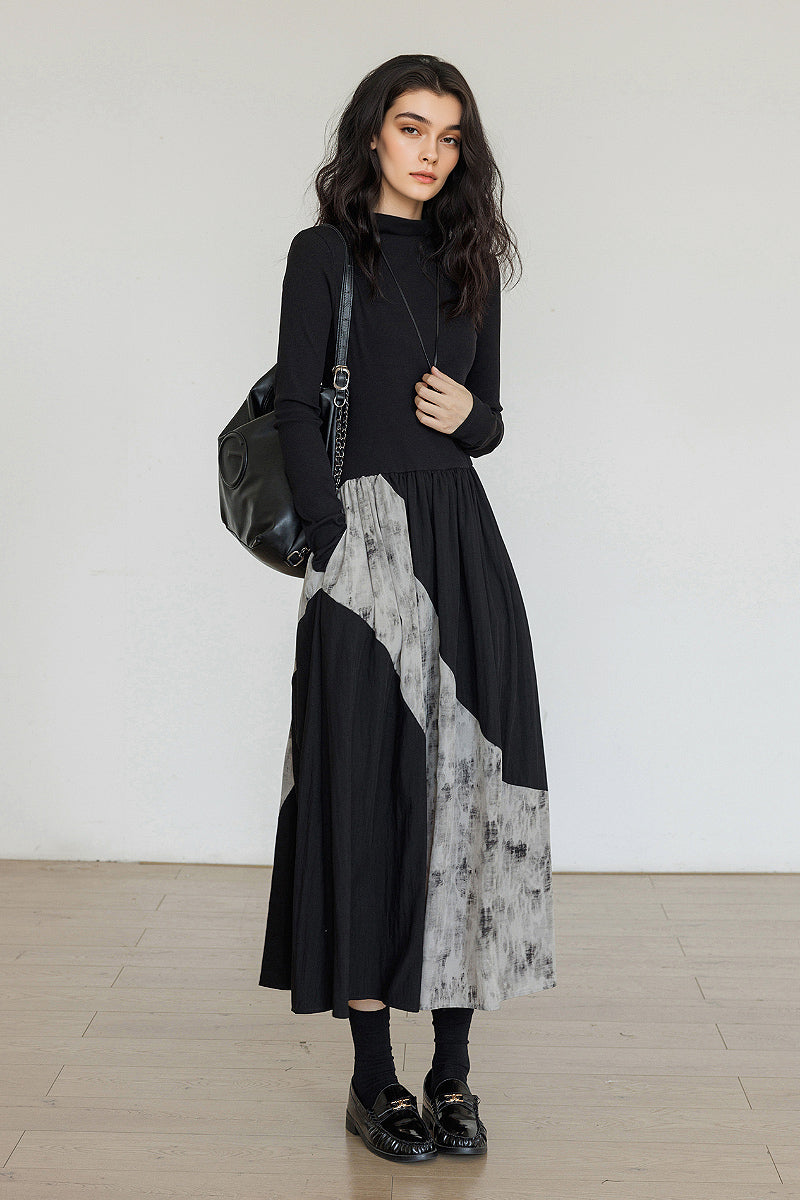 Fit & Flare Long-Sleeve Midi Dress with Lace Patchwork