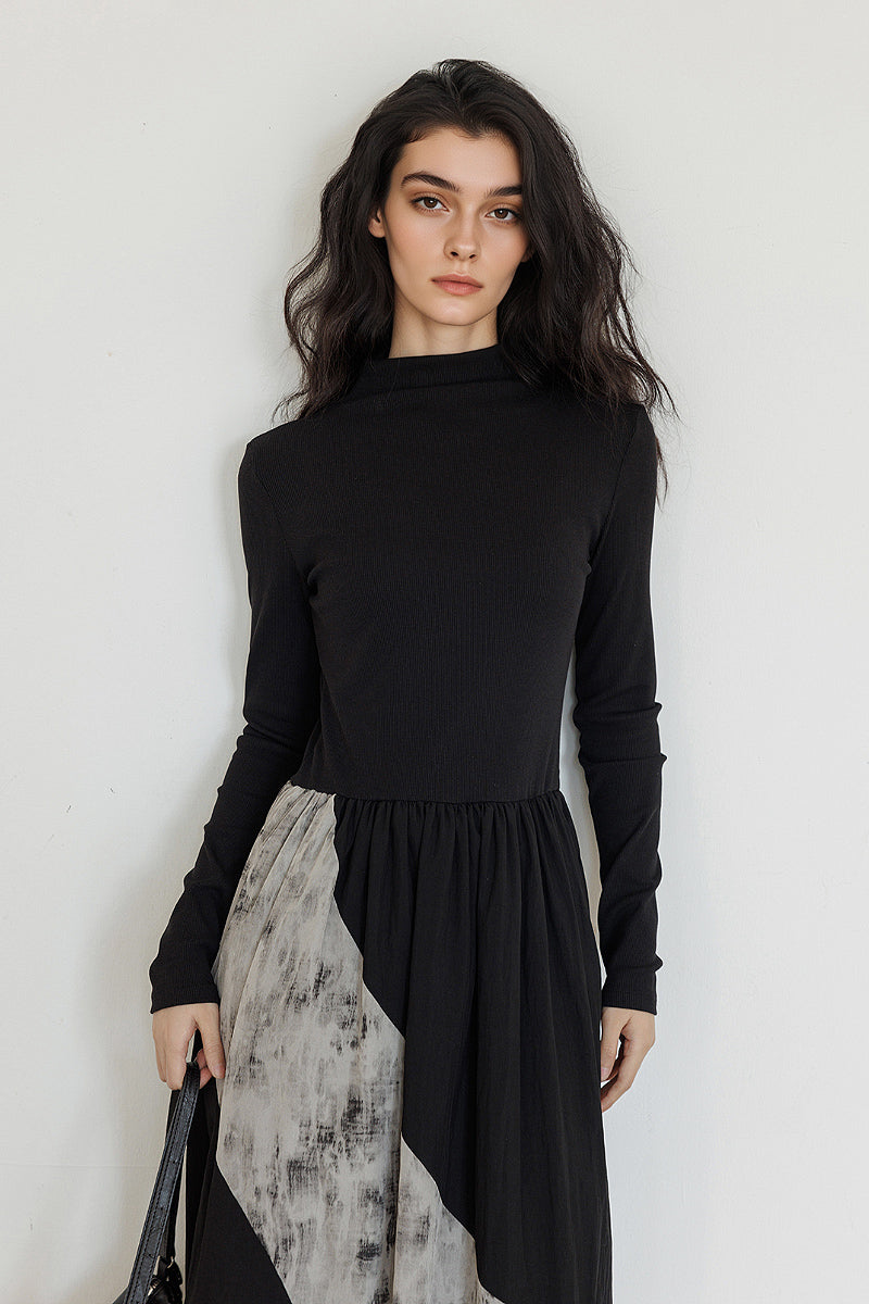 Fit & Flare Long-Sleeve Midi Dress with Lace Patchwork