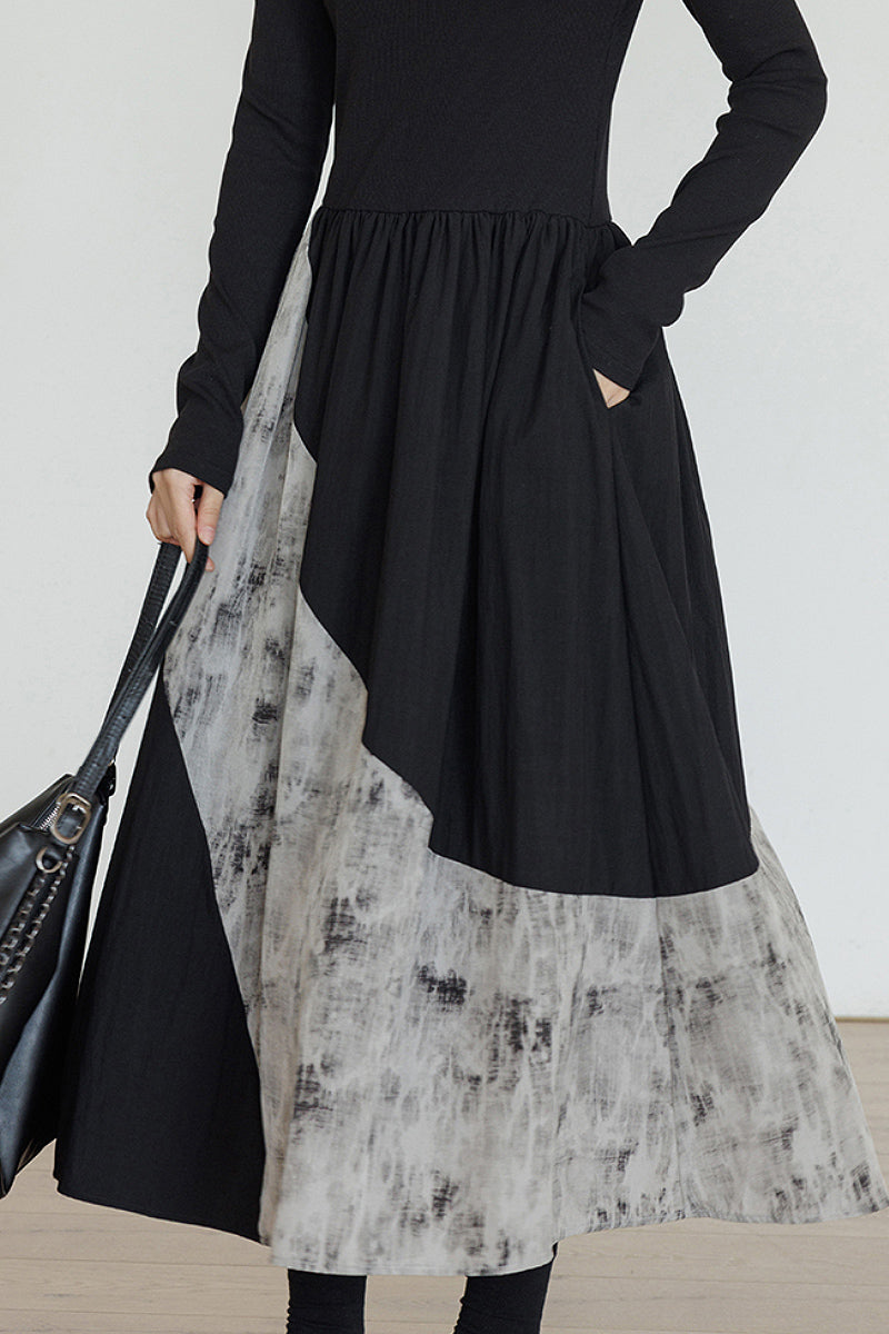 Fit & Flare Long-Sleeve Midi Dress with Lace Patchwork