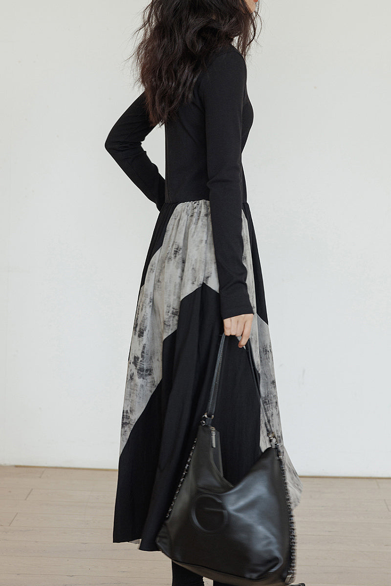 Fit & Flare Long-Sleeve Midi Dress with Lace Patchwork