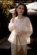 Floral Embroidered Lyocell Button-Front Crewneck Blouse with Self Loop Closures