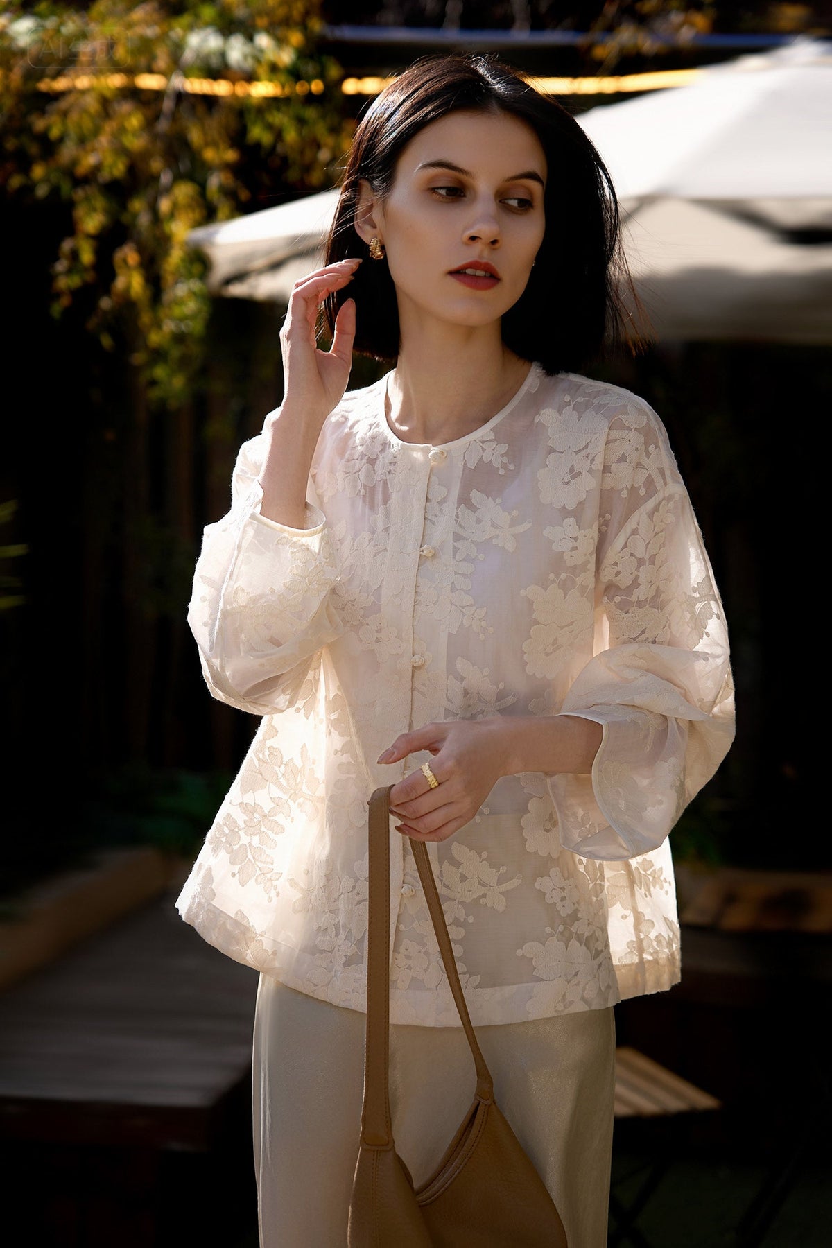 Floral Embroidered Lyocell Button-Front Crewneck Blouse with Self Loop Closures