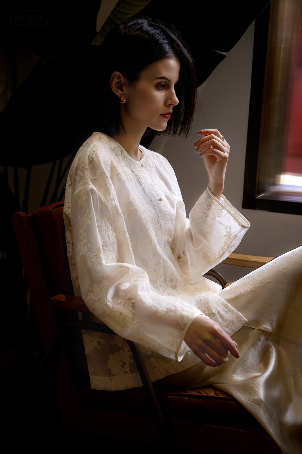 Floral Embroidered Lyocell Button-Front Crewneck Blouse with Self Loop Closures