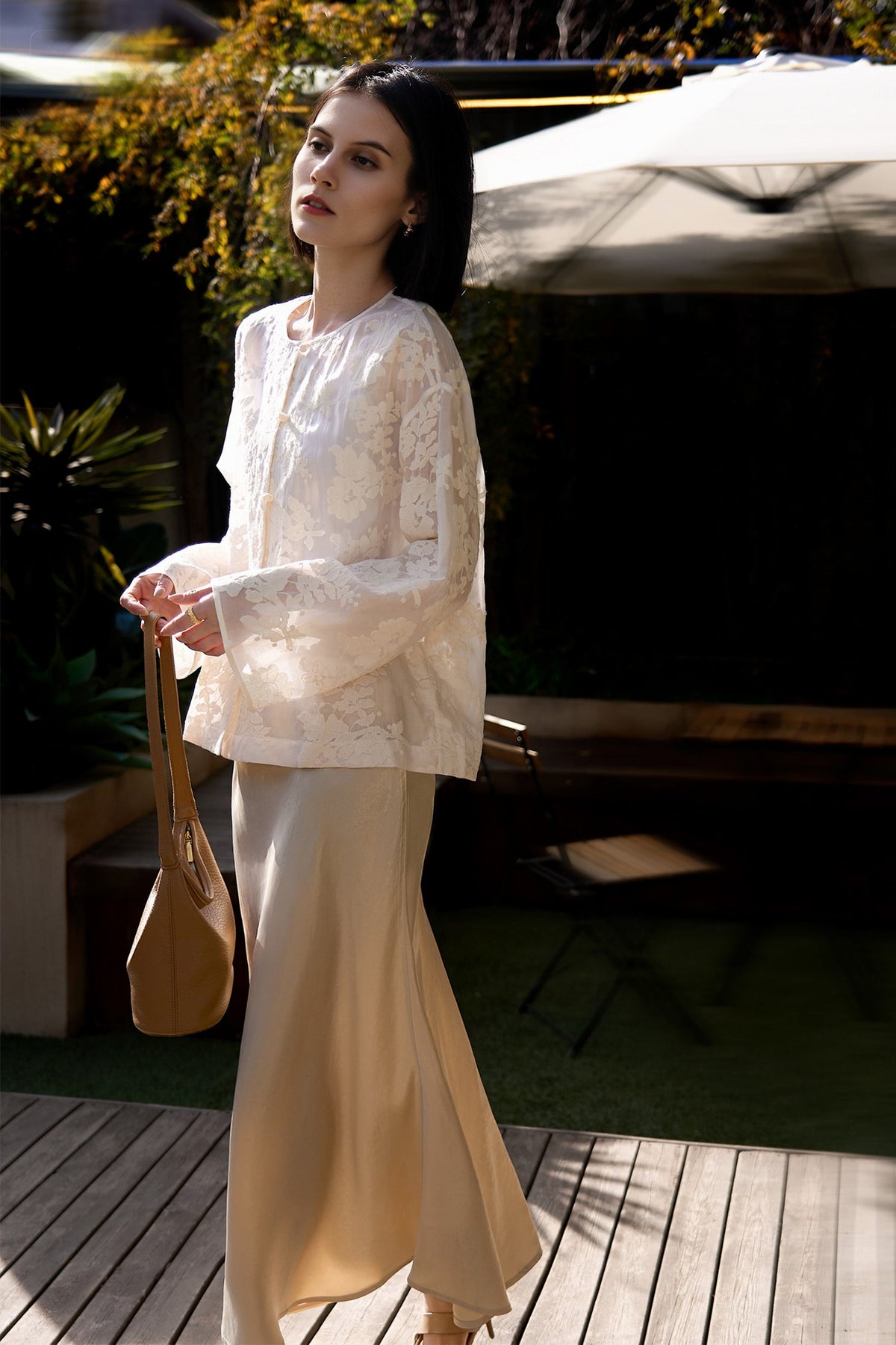 Floral Embroidered Lyocell Button-Front Crewneck Blouse with Self Loop Closures