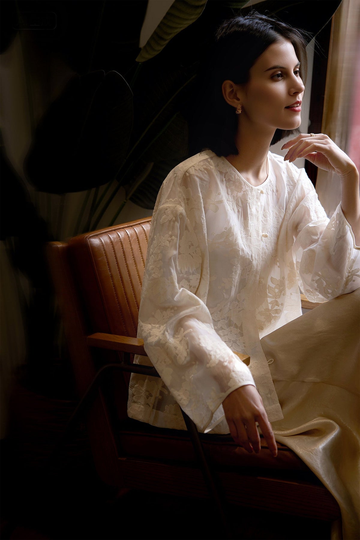 Floral Embroidered Lyocell Button-Front Crewneck Blouse with Self Loop Closures