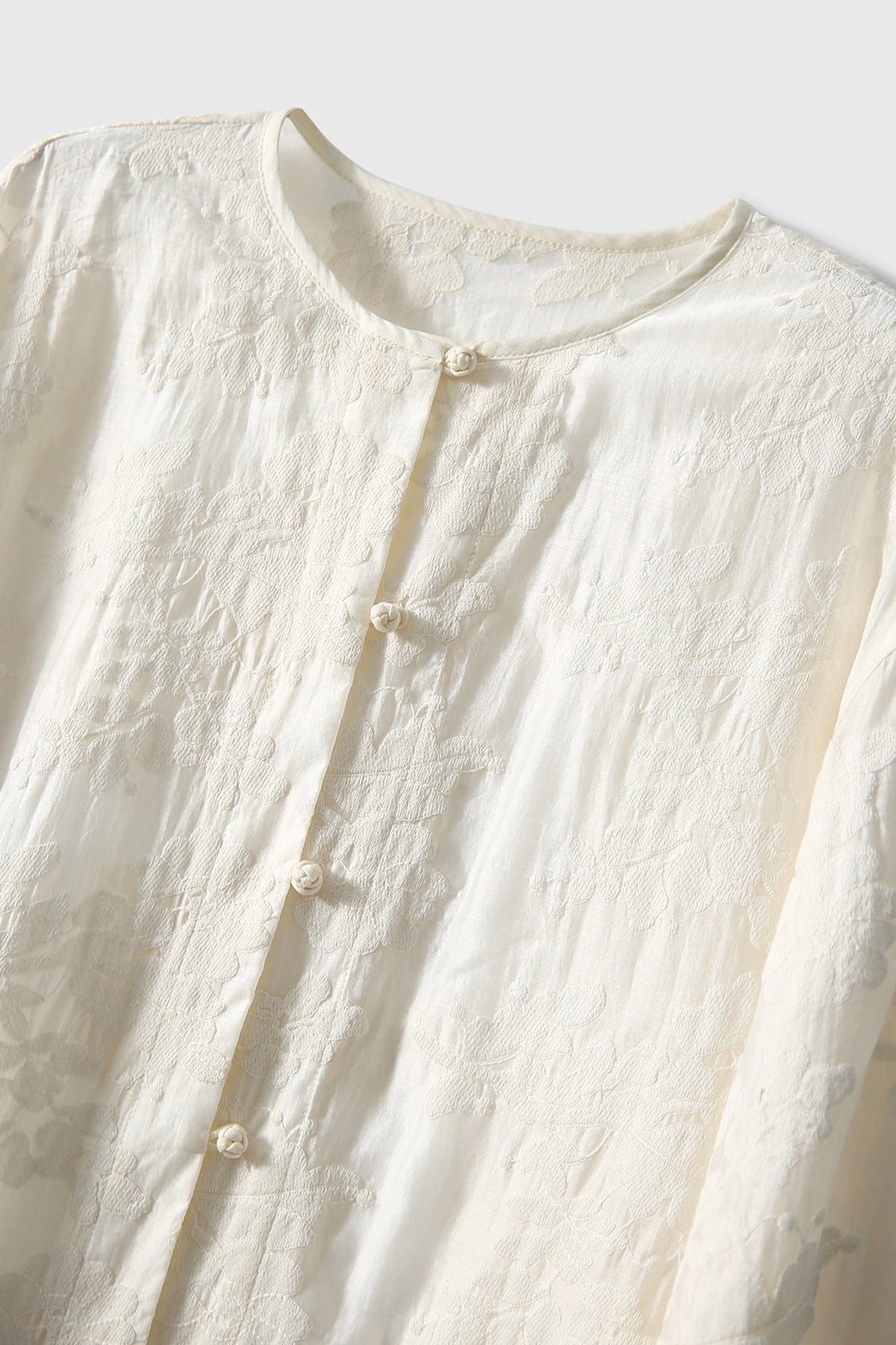 Floral Embroidered Lyocell Button-Front Crewneck Blouse with Self Loop Closures