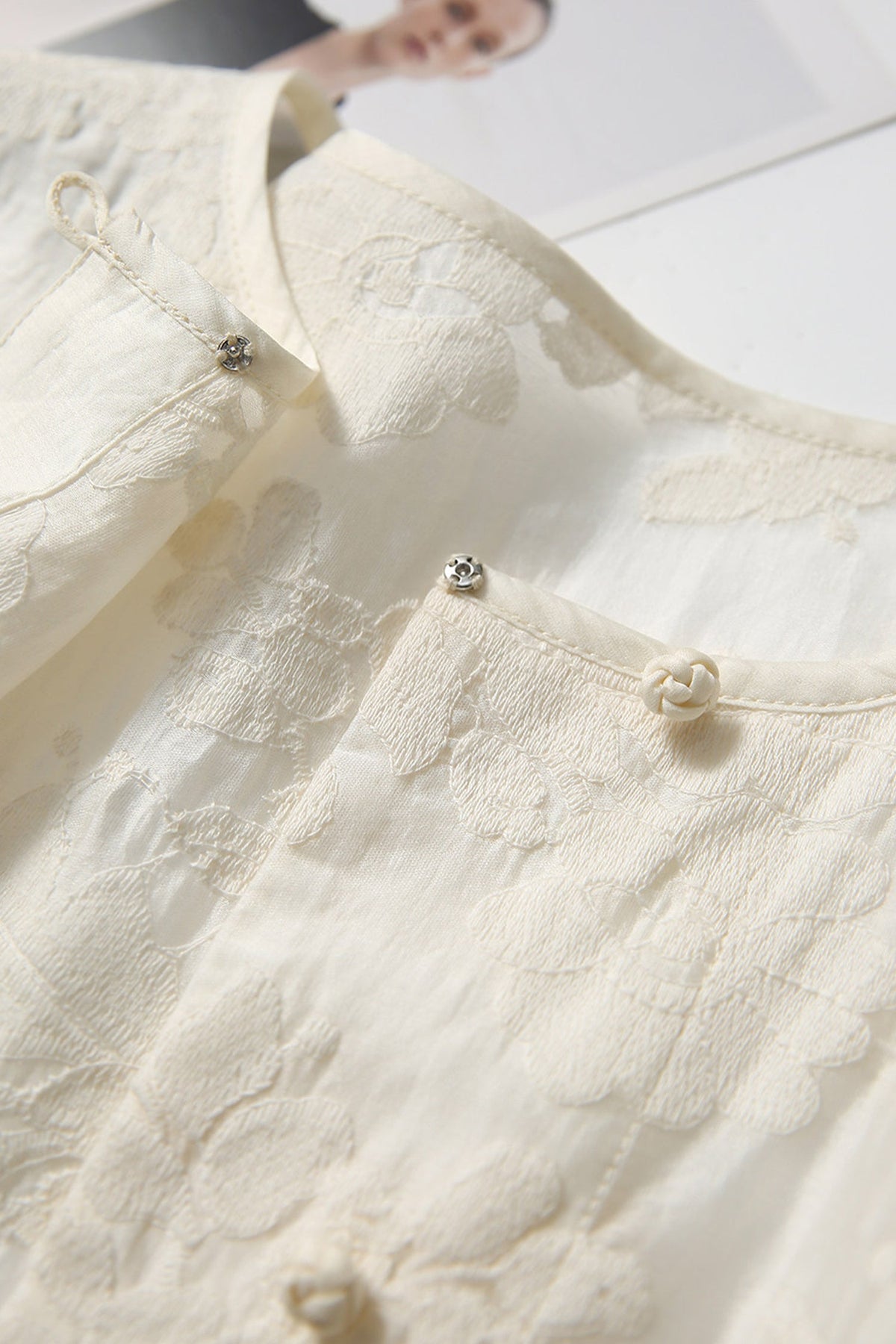Floral Embroidered Lyocell Button-Front Crewneck Blouse with Self Loop Closures