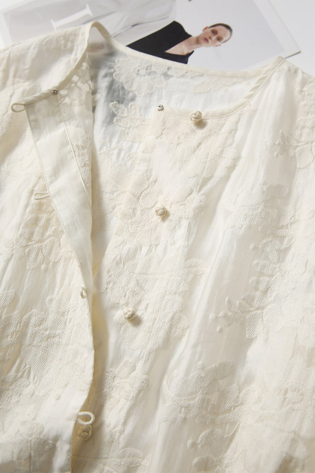 Floral Embroidered Lyocell Button-Front Crewneck Blouse with Self Loop Closures