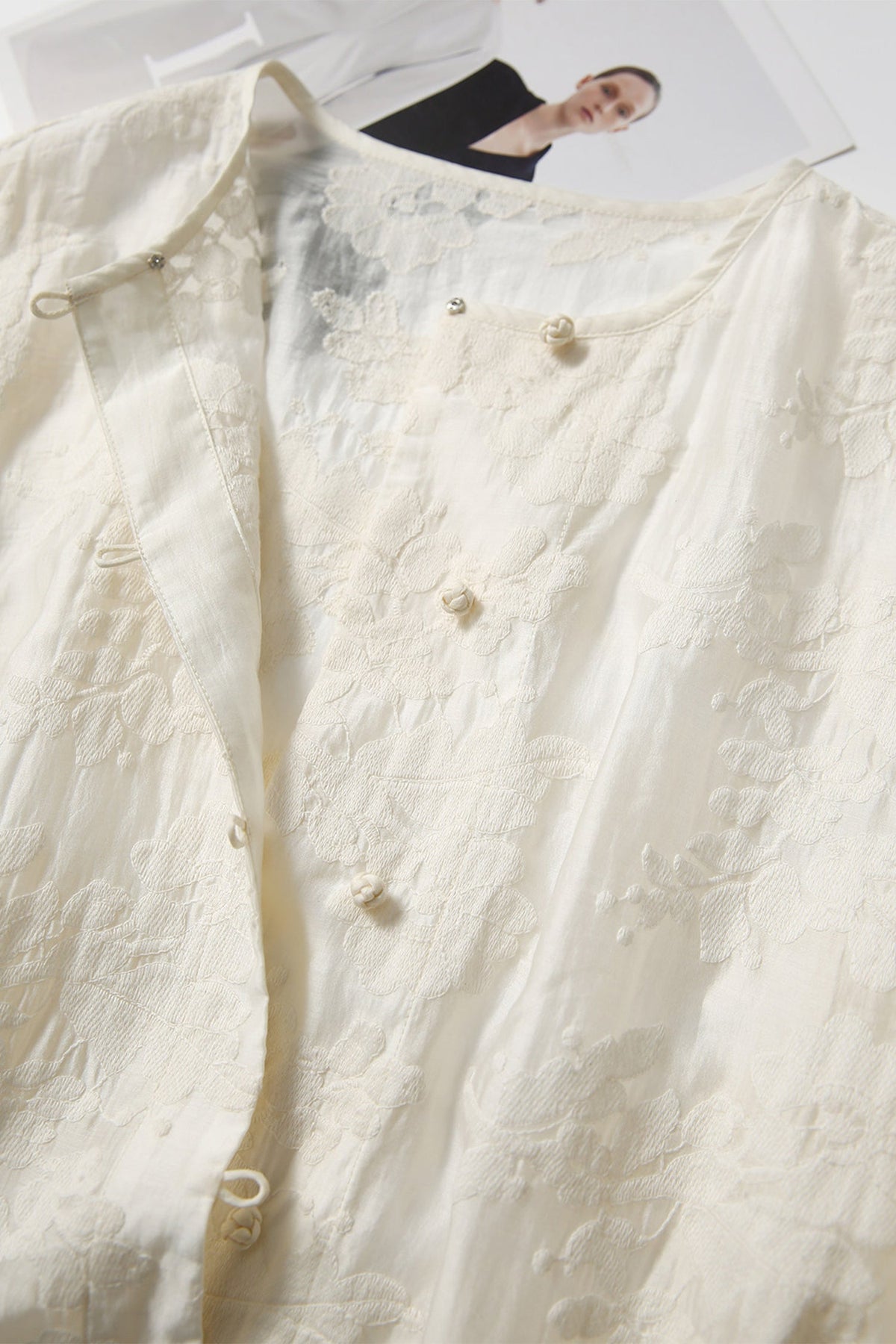 Floral Embroidered Lyocell Button-Front Crewneck Blouse with Self Loop Closures