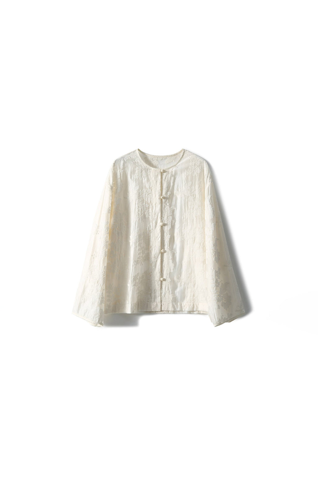 Floral Embroidered Lyocell Button-Front Crewneck Blouse with Self Loop Closures