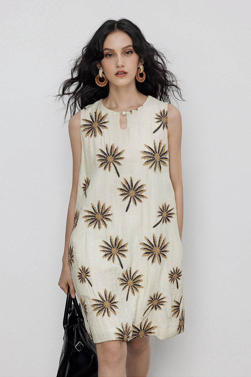 Floral Embroidered Sleeveless A-Line Knee-Length Dress