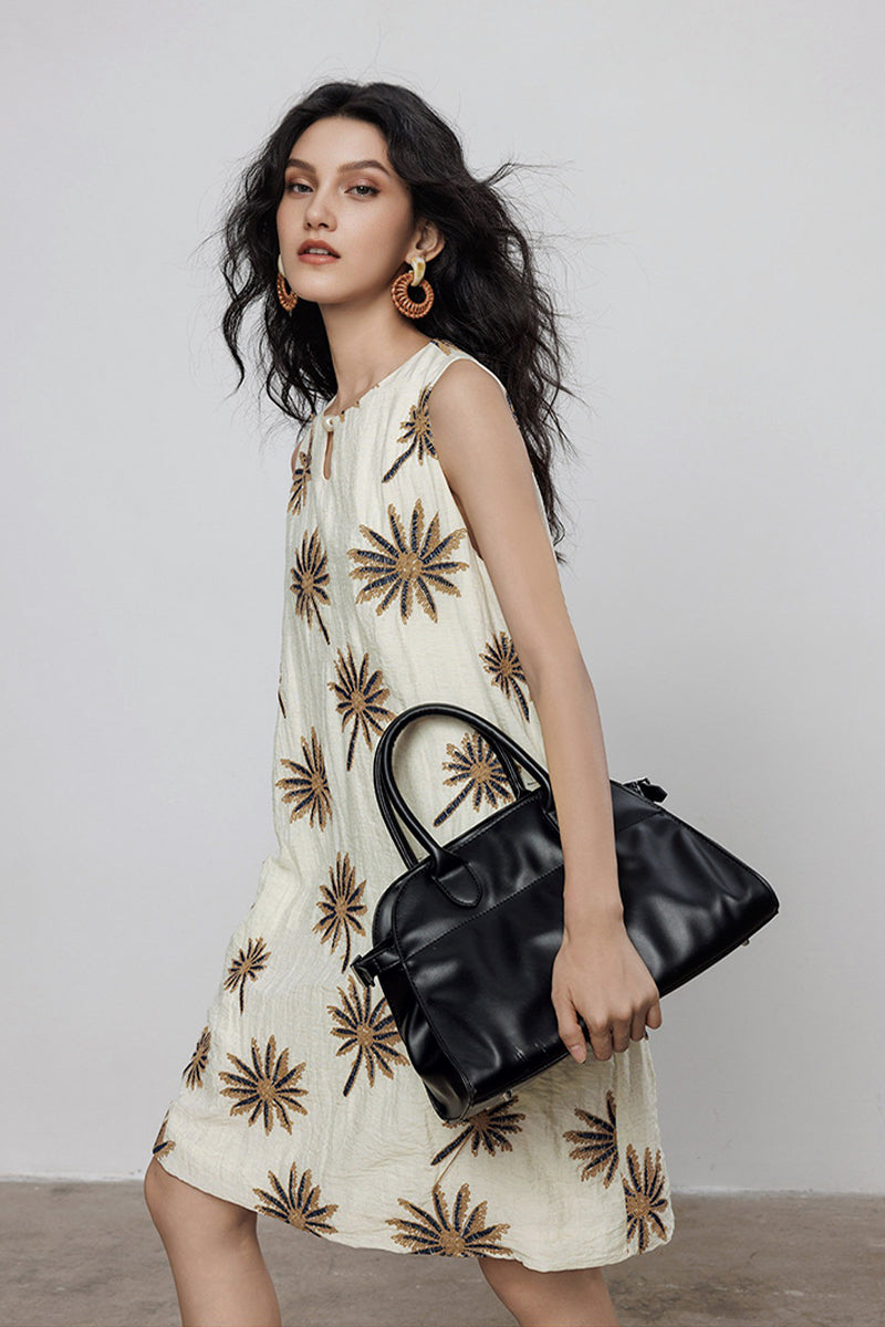 Floral Embroidered Sleeveless A-Line Knee-Length Dress