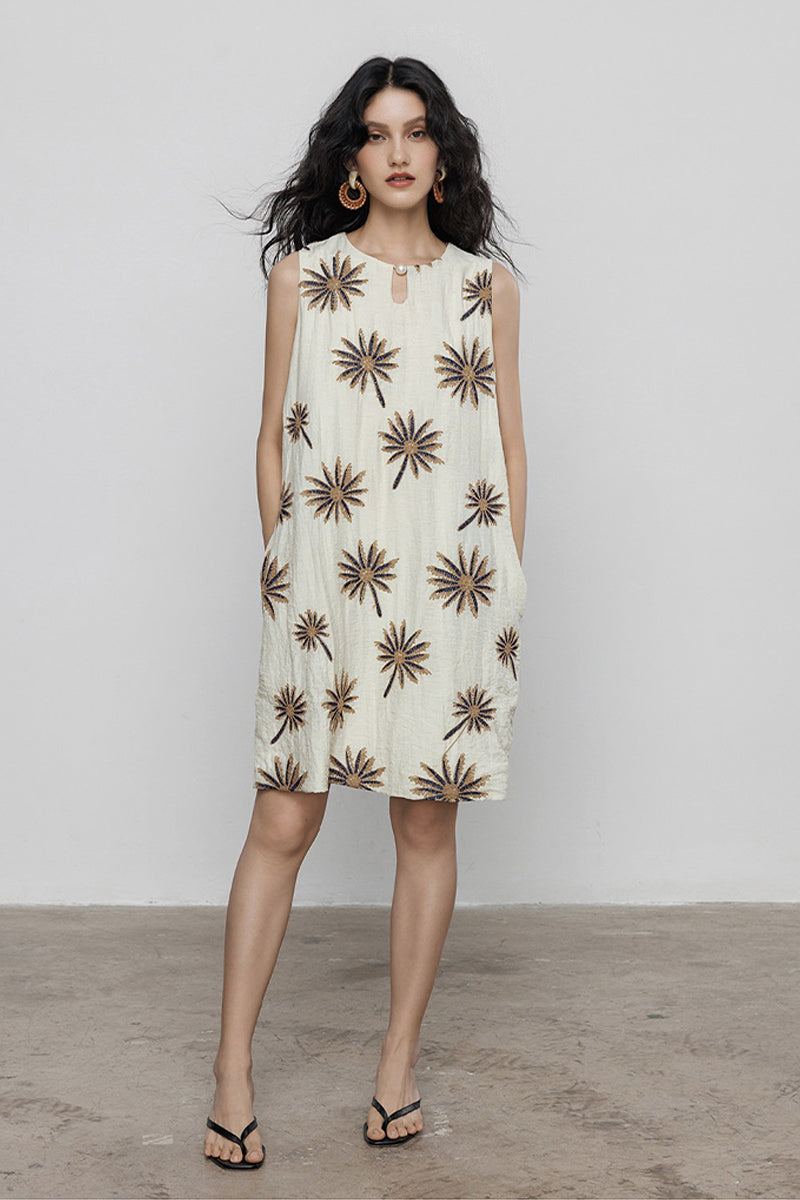 Floral Embroidered Sleeveless A-Line Knee-Length Dress