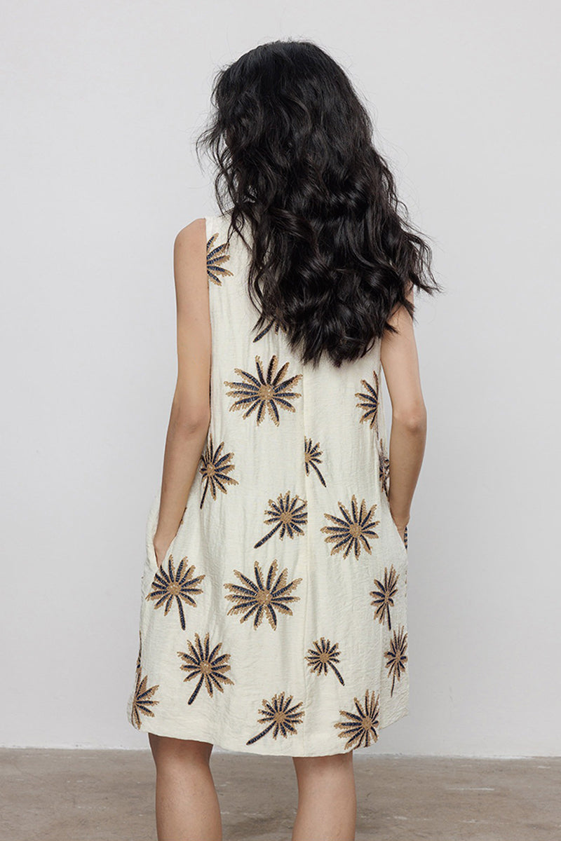 Floral Embroidered Sleeveless A-Line Knee-Length Dress