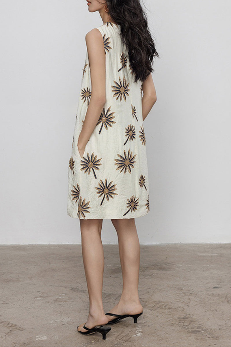 Floral Embroidered Sleeveless A-Line Knee-Length Dress