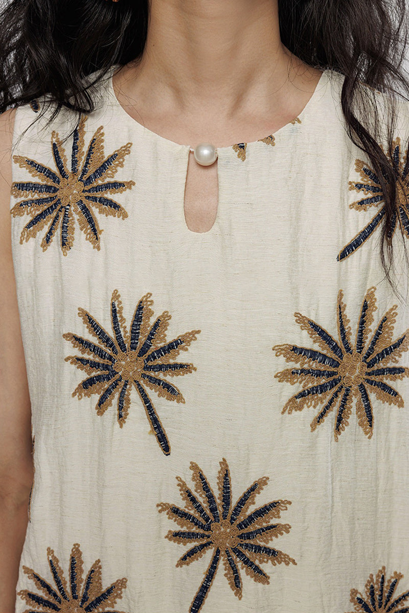 Floral Embroidered Sleeveless A-Line Knee-Length Dress