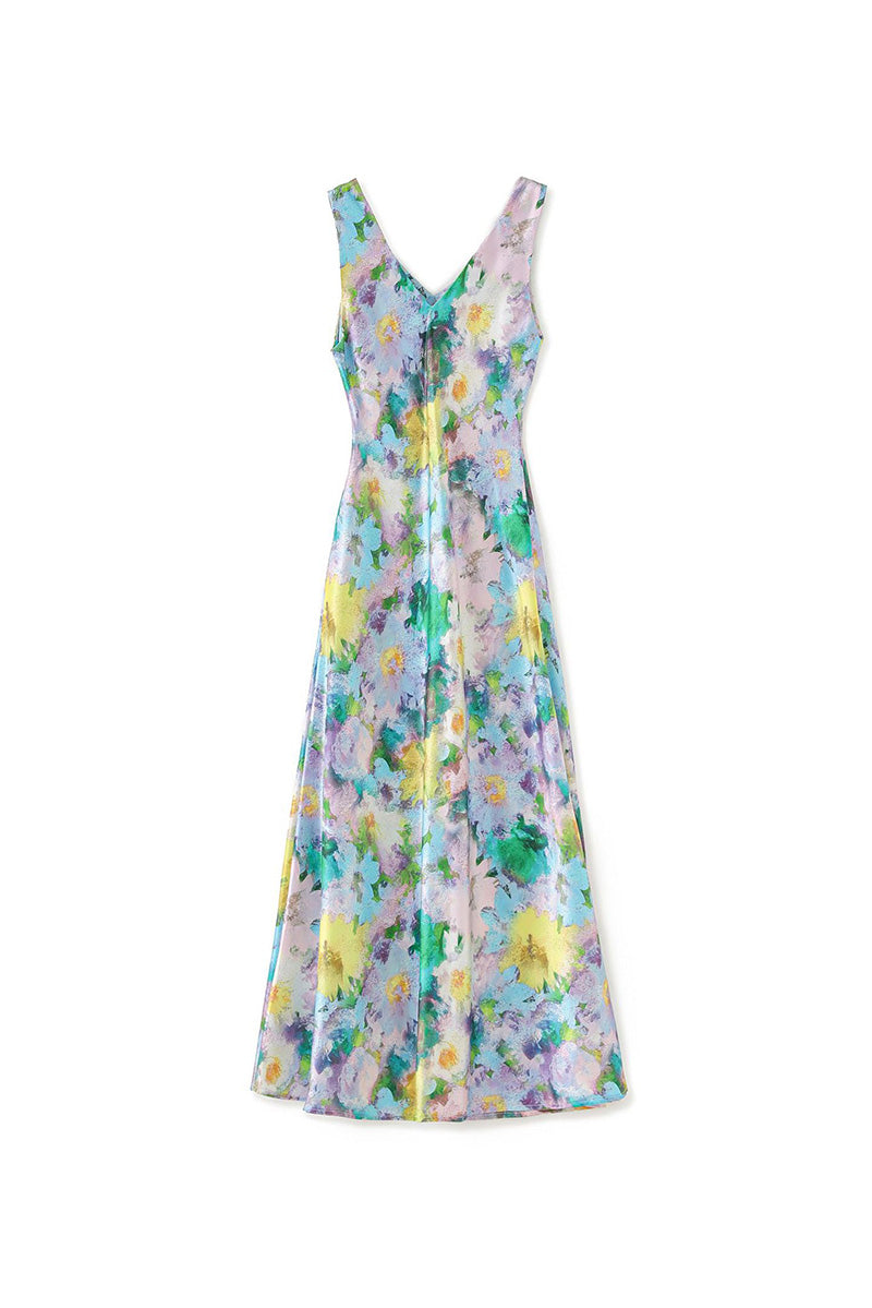 Floral Sleeveless V-Neck Satin Midi Dress