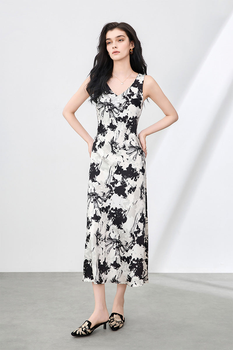 Floral Sleeveless V-Neck Satin Midi Dress